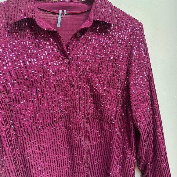 Anthropologie Sequin Burgundy Button Down Shirt - Picture 6 of 7